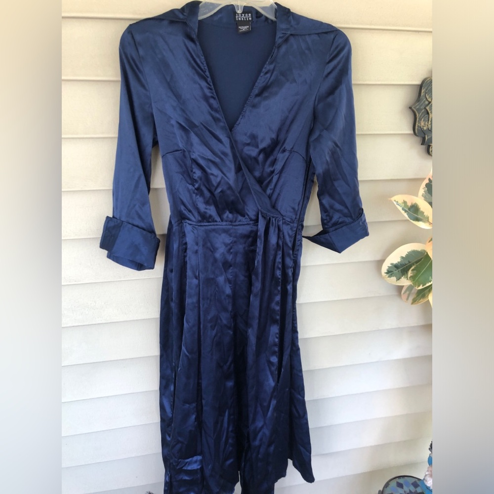 Navy Blue Satin-Look Wrap Dress